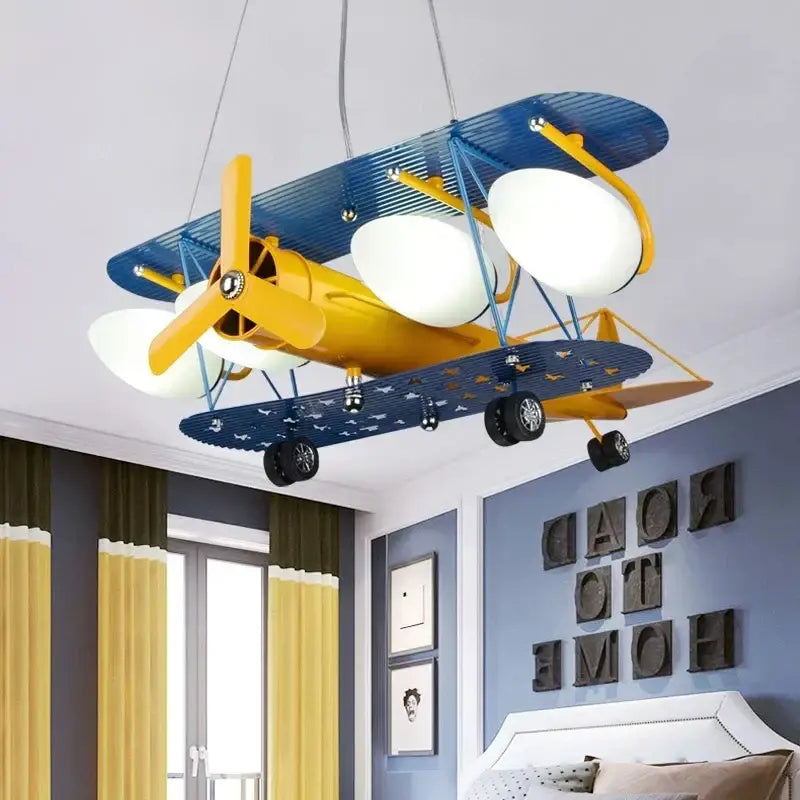 Decorbites cartoon aircraft blue and yellow biplane fan light fixture with white bulbs for bedroom use