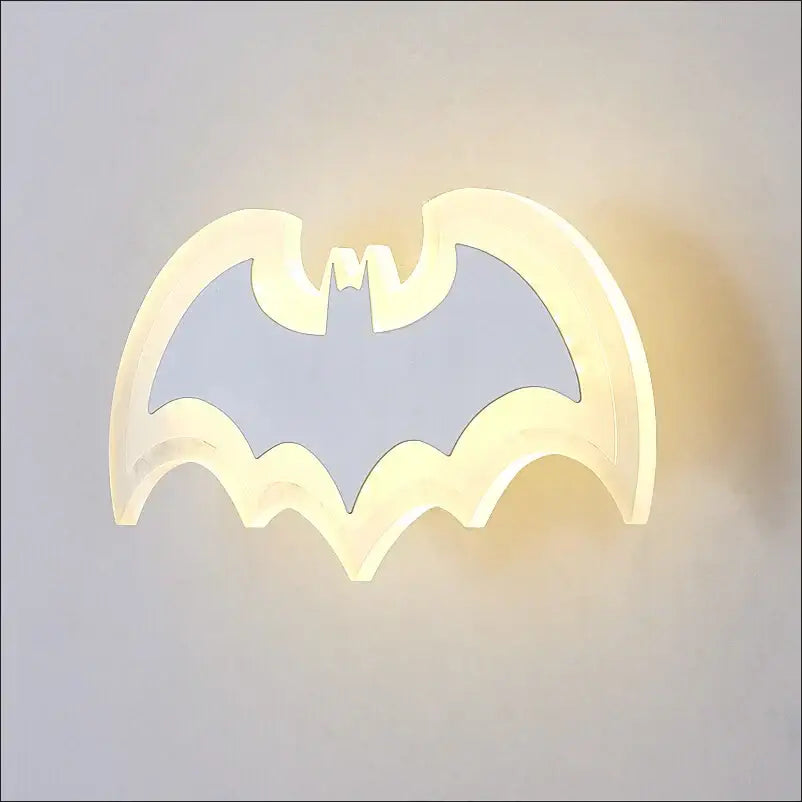 Decorbites cartoon bat wall lamp with glowing warm yellow acrylic light and translucent white frame for bedroom decor
