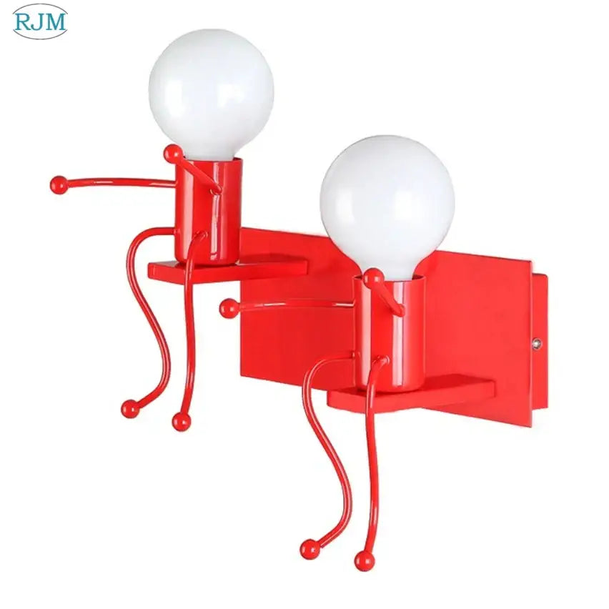 Red metallic wall lamps featuring decorbites cartoon children iron design with white bulb heads for bedroom decor