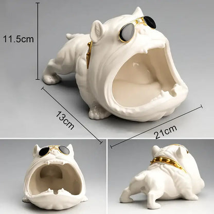 White ceramic decorbites cartoon dog ashtray with gold-trimmed sunglasses and collar for black and gold decor