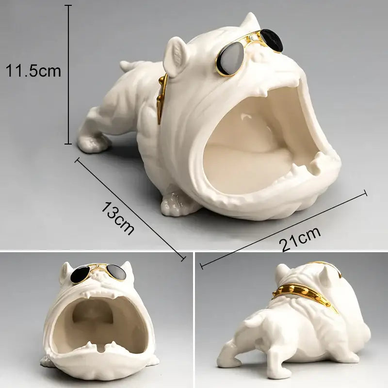 White ceramic decorbites cartoon dog ashtray with gold-trimmed sunglasses and collar for black and gold decor