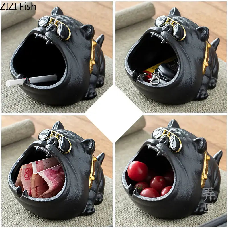 Black cast iron cartoon dog ashtray with gold-rimmed sunglasses and collar by decorbites for living room decor