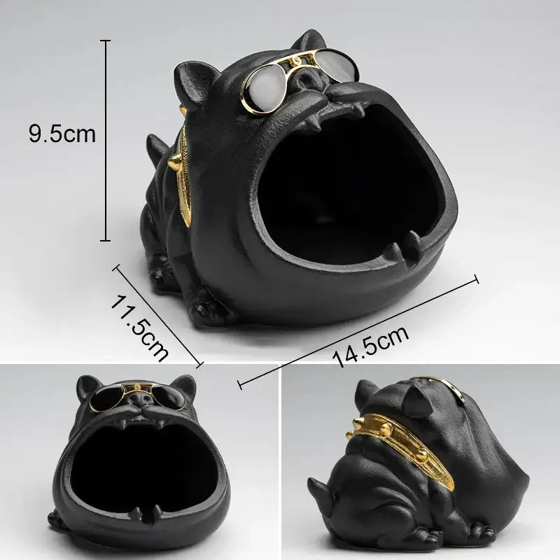 Black ceramic bulldog ashtray with gold-rimmed sunglasses and collar from decorbites cartoon dog resin decor