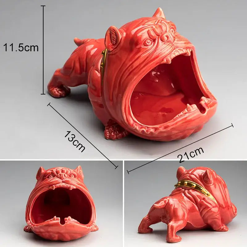 Vibrant red ceramic decorbites cartoon dog ashtray with gold collar and detailed facial features for living room decor