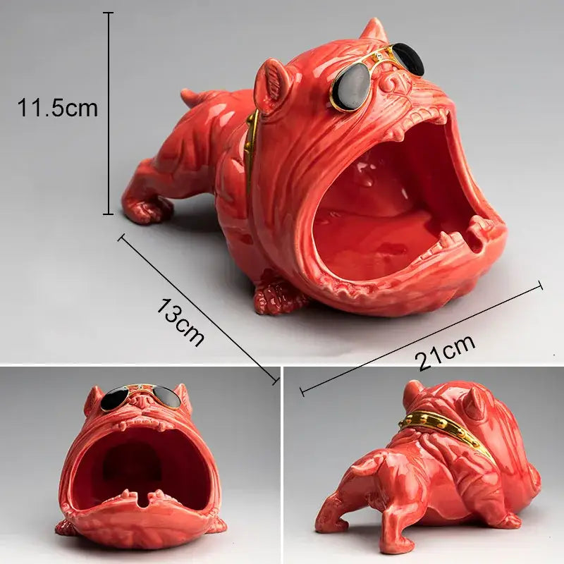 Vibrant red ceramic decorbites cartoon dog ashtray with gold-trimmed sunglasses and collar for living room decor