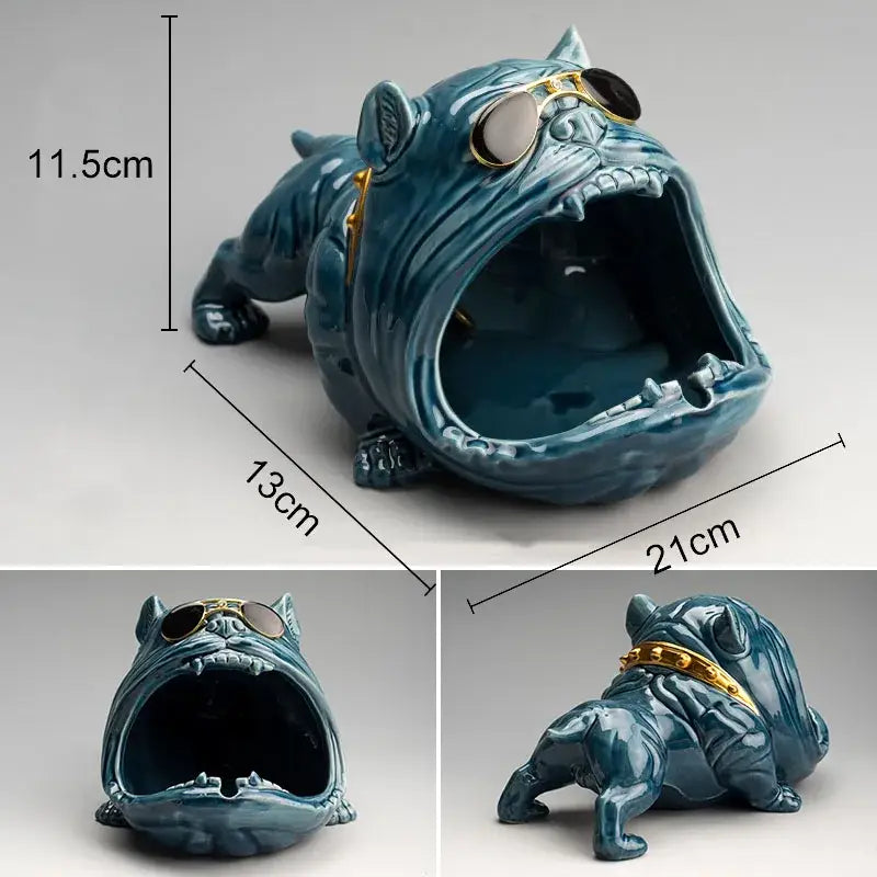 Teal ceramic decorbites cartoon dog ashtray with gold-trimmed sunglasses and collar for living room decor