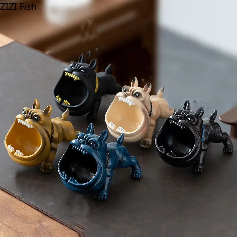 Set of five decorbites cartoon dog ashtray figurines in black tan gold and blue glossy resin for living room decor