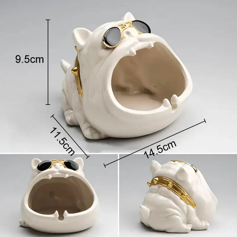 White ceramic decorbites cartoon dog ashtray with gold-trimmed sunglasses and collar for living room decor