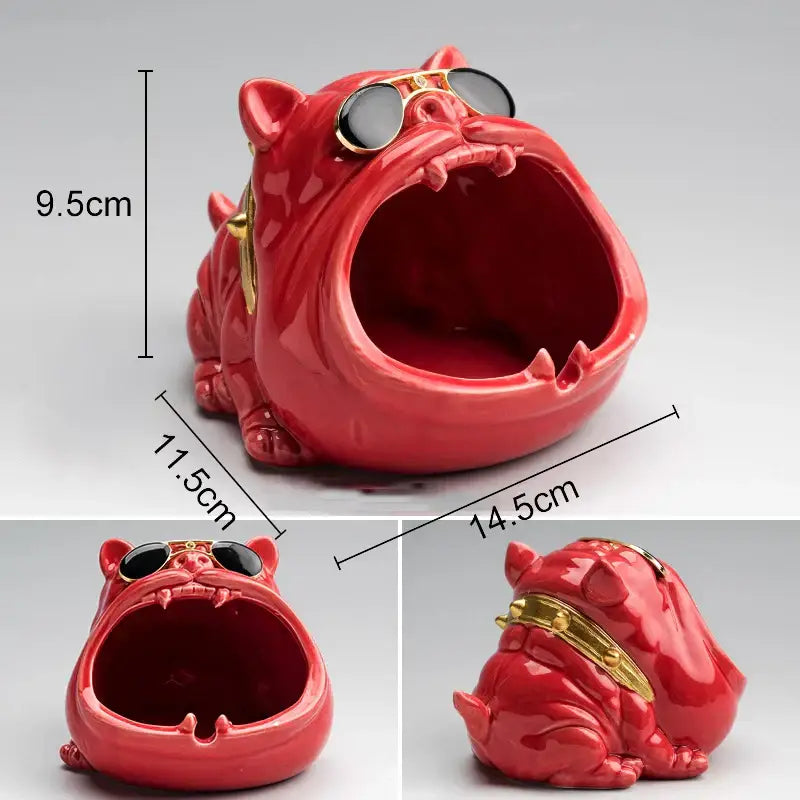 Vibrant red ceramic decorbites cartoon dog ashtray with gold-trimmed sunglasses and collar for living room decor