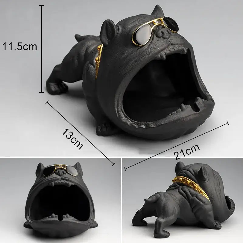 Black bulldog resin cartoon dog ashtray with gold rimmed sunglasses and chain collar by decorbites cartoon dog