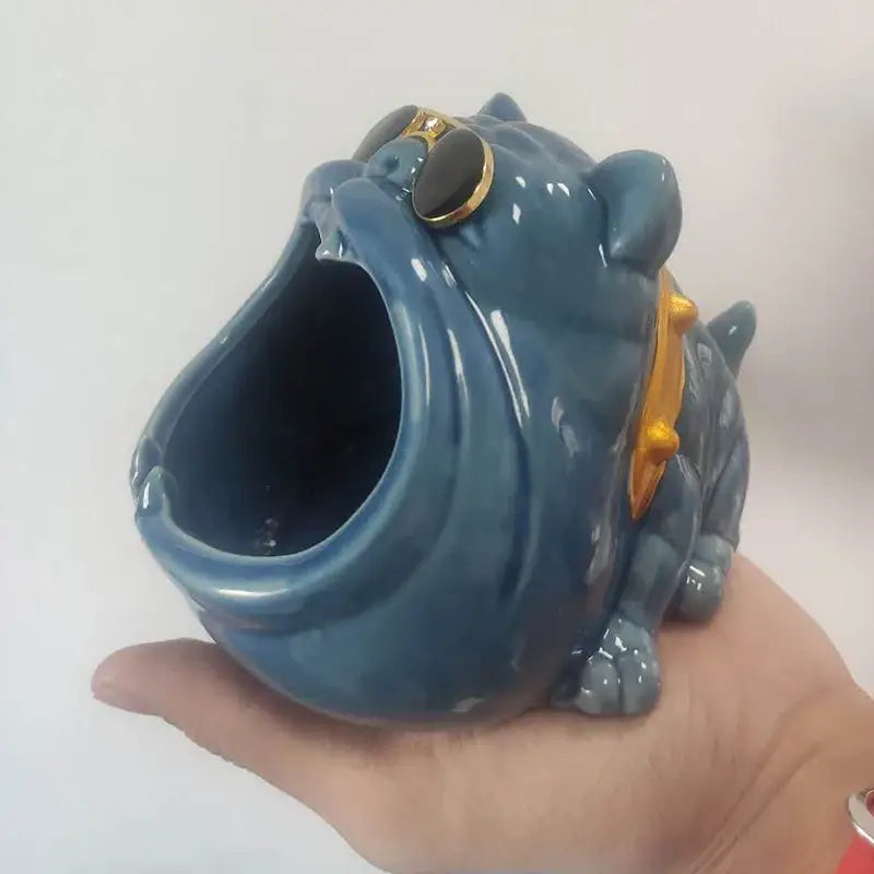 Blue ceramic decorbites cartoon dog ashtray shaped like a bulldog with gold sunglasses and collar for living room decor