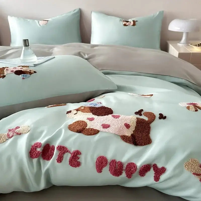 Mint green satin duvet cover with plush embroidered puppies and pink cute puppy lettering in decorbites cartoon embroidered cotton bedding set