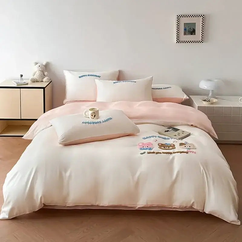 Pastel pink satin bedding set with decorbites cartoon embroidered cotton bear and bunny designs for bedroom use