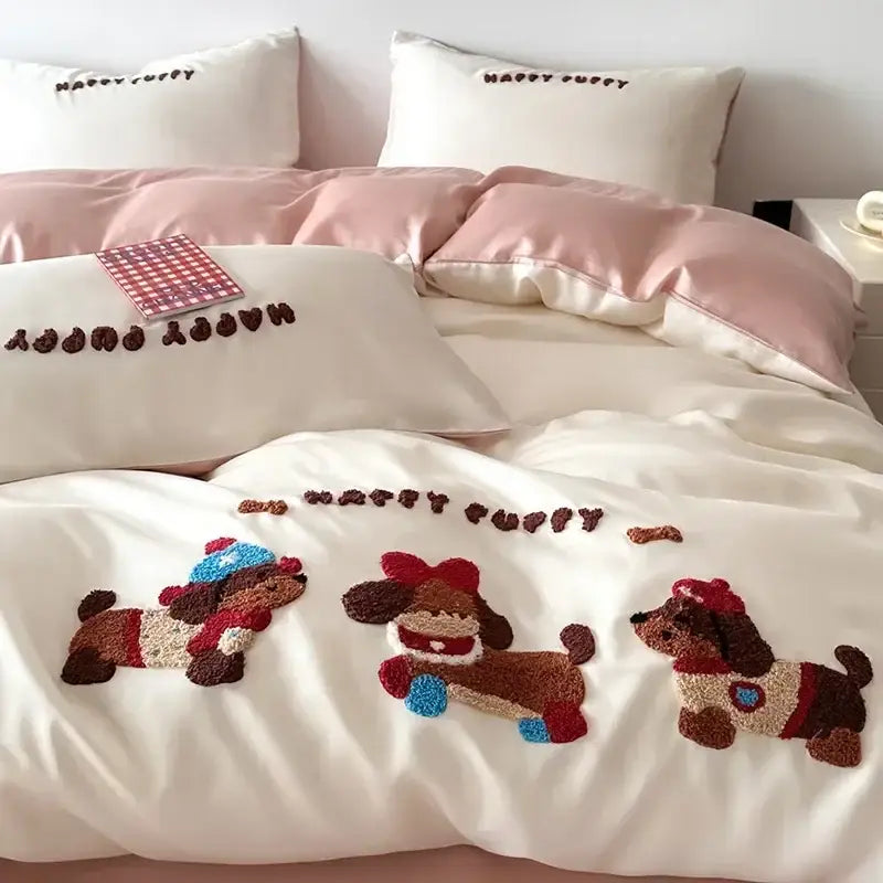 Cream-colored cotton duvet cover with decorbites cartoon embroidered fluffy puppies and happy puppy text bedding set