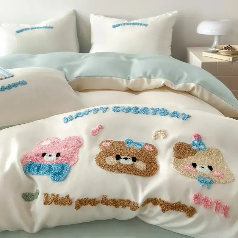White comforter from decorbites cartoon embroidered pink and cream bedding set with colorful bears in cotton material