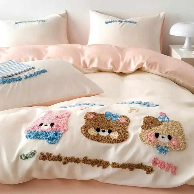 Cream-colored bedding set with plush pink and brown bear faces decorbites cartoon embroidered cotton duvet cover