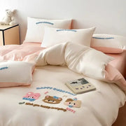 Pastel pink and cream decorbites cartoon embroidered cotton bedding set with satin texture and happy birthday bear design