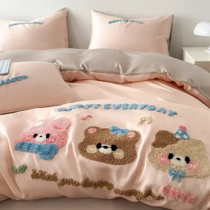 Pastel pink satin duvet cover from decorbites cartoon embroidered cotton bedding set with plush embroidered animals and bows