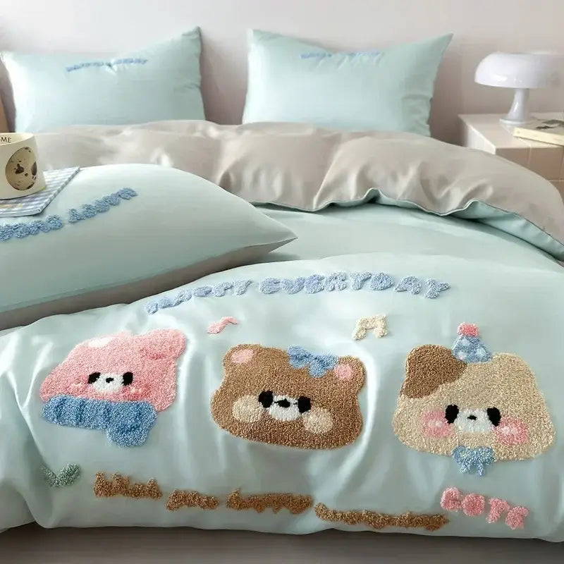 Mint green comforter with plush cartoon embroidered cotton bear designs and pastel accents in decorbites bedding set