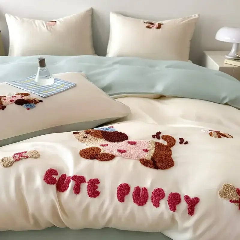 Cream-colored cotton bedding set featuring decorbites cartoon embroidered fluffy brown and pink puppy design with cute puppy text