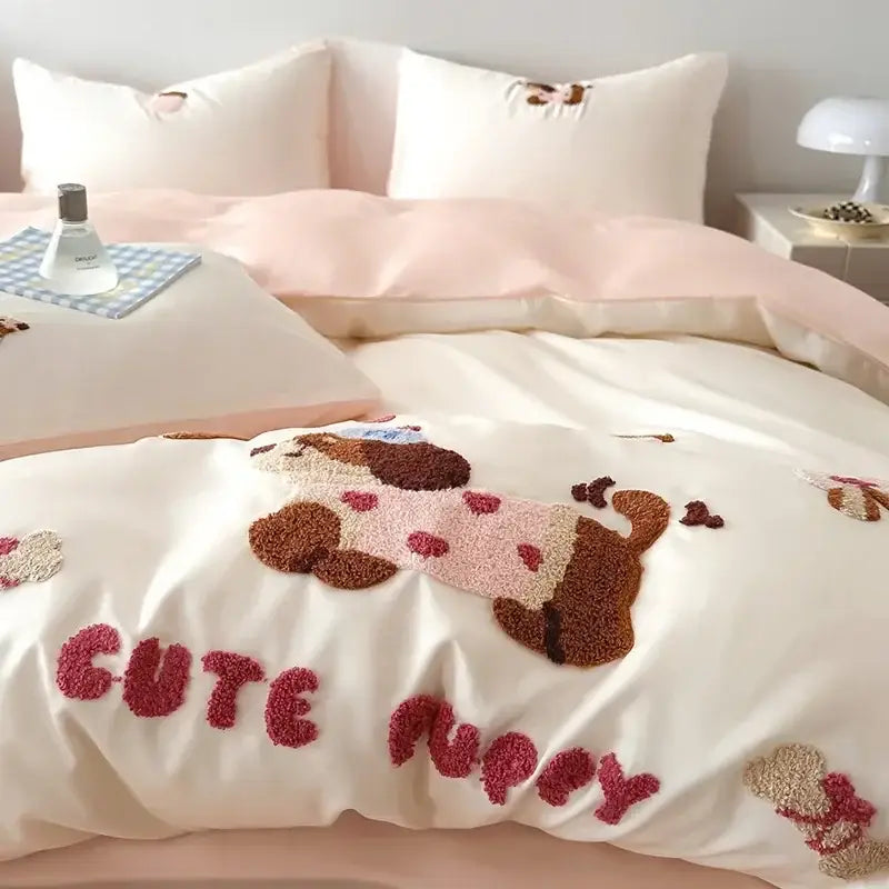 Cream-colored decorbites cartoon embroidered cotton bedding set featuring a fluffy puppy in pink and brown tones