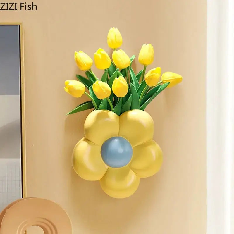 Yellow flower-shaped decorbites cartoon flower wall vase with green tulips and light blue center for bedroom decor