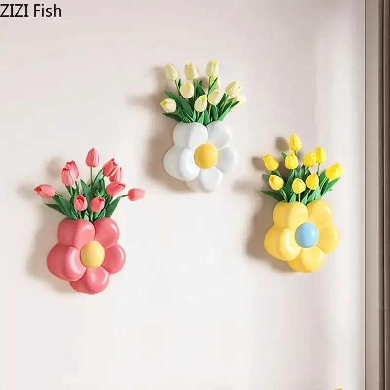 Set of three decorbites cartoon flower wall-mounted vases in pink white and yellow with tulip arrangements for bedroom decor