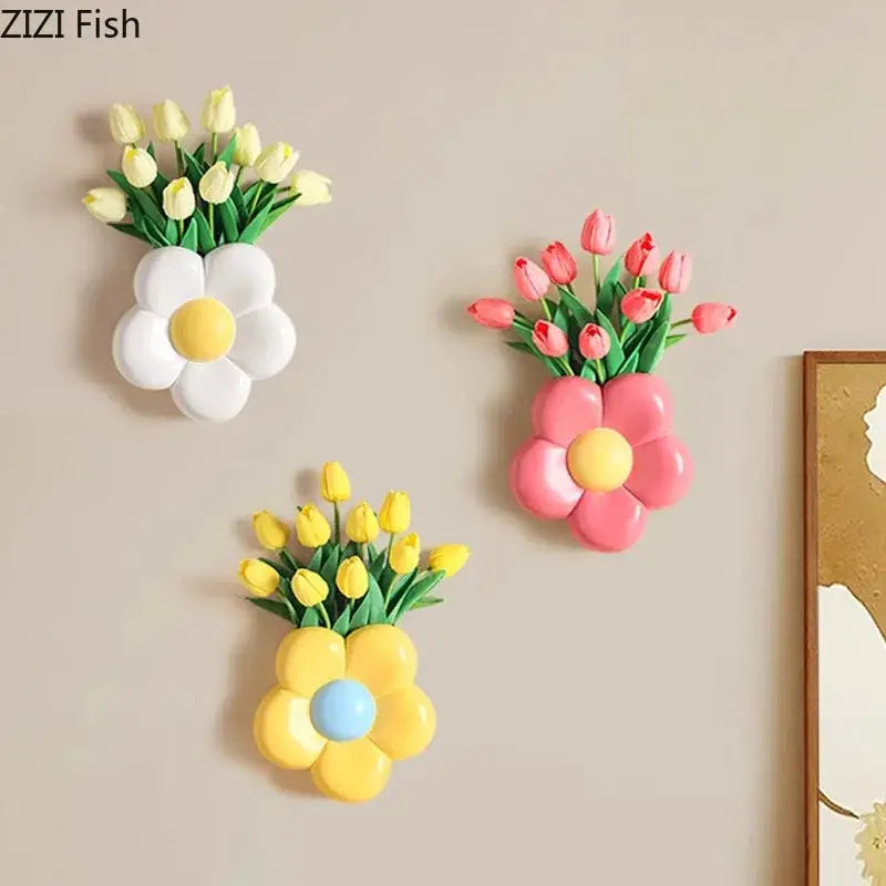 Three colorful decorbites cartoon flower wall decorations with pink yellow and white flower-shaped vases for bedroom decor