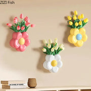 Decorbites cartoon flower wall decor featuring pink yellow and white plastic tulip arrangements for bedroom use