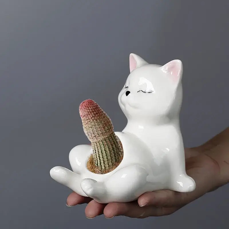 Decorbites cartoon kitten white ceramic flowerpot with pink ears holding small cactus for succulent garden decor