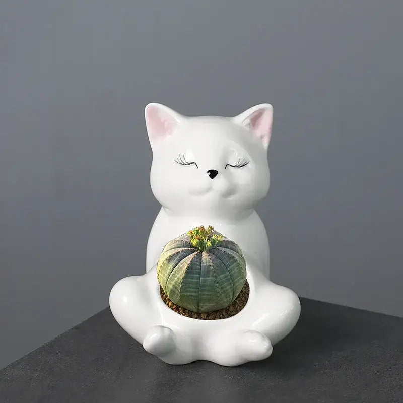 White ceramic decorbites cartoon kitten planter with closed eyes holding green striped cactus for succulents