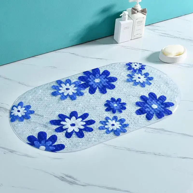 Clear oval-shaped decorbites cartoon non-slip bathroom mat with blue and white floral patterns for children