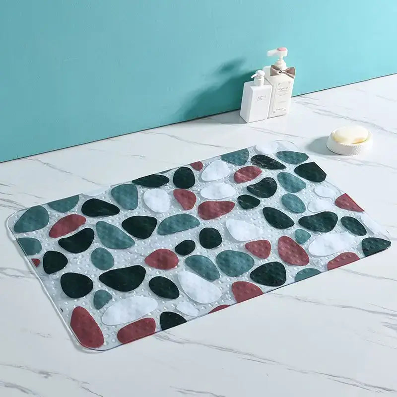 Rectangular translucent decorbites cartoon non-slip bathroom mat with colorful pebble mosaic in green red and white