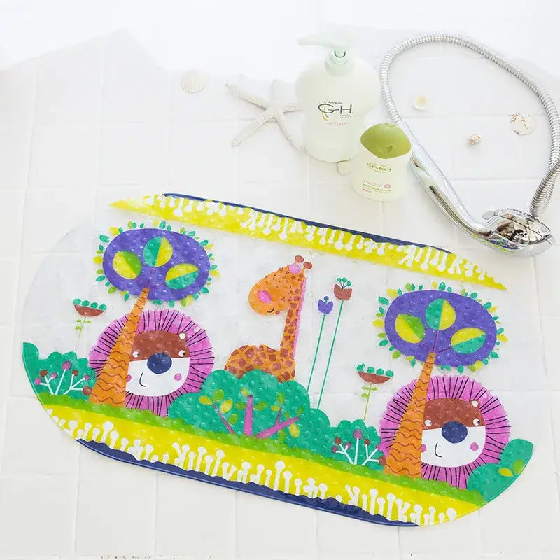 Colorful transparent decorbites cartoon non-slip bathroom mat with hedgehogs giraffe in whimsical forest scene