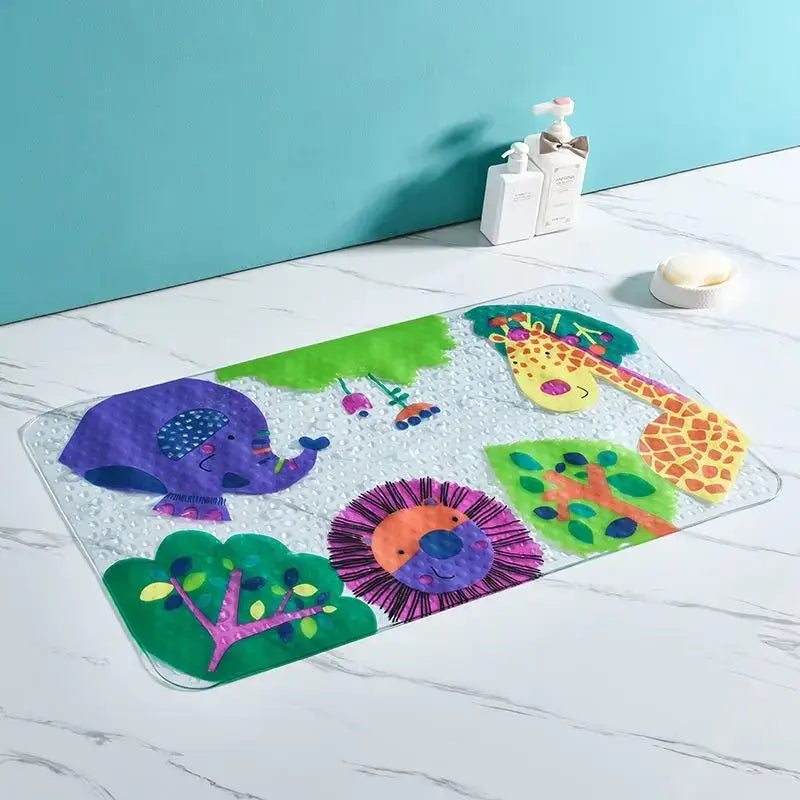 Colorful transparent decorbites cartoon non-slip bathroom mat with purple elephant yellow giraffe and orange lion for children