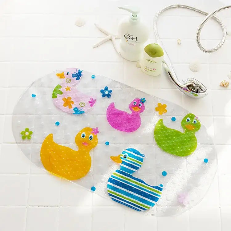 Clear transparent bathroom mat with colorful cartoon ducks featuring floral accents by decorbites cartoon non-slip