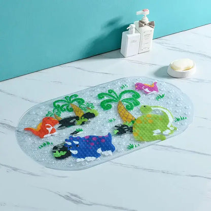 Clear textured bathroom mat with colorful cartoon dinosaurs and palm trees by decorbites cartoon non-slip design