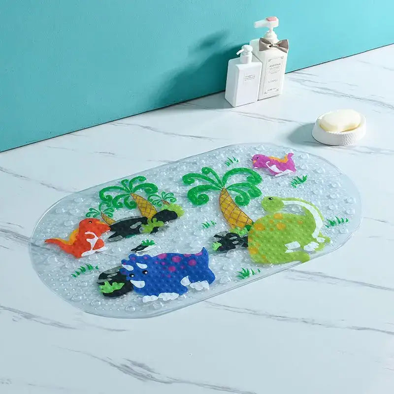 Clear textured bathroom mat with colorful cartoon dinosaurs and palm trees by decorbites cartoon non-slip design