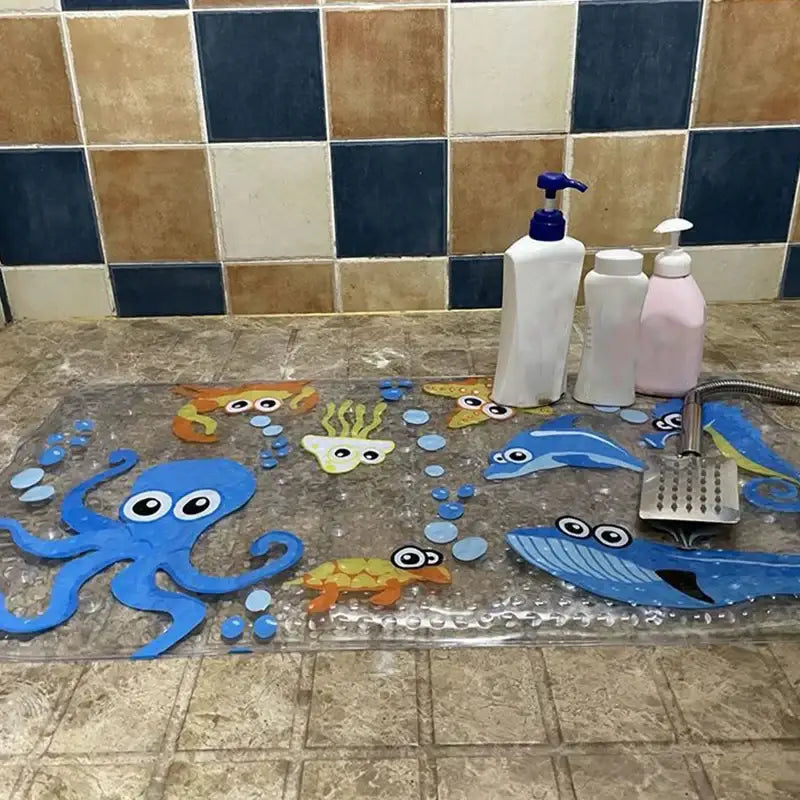 Clear plastic decorbites cartoon non-slip bathroom mat with colorful sea creatures for children