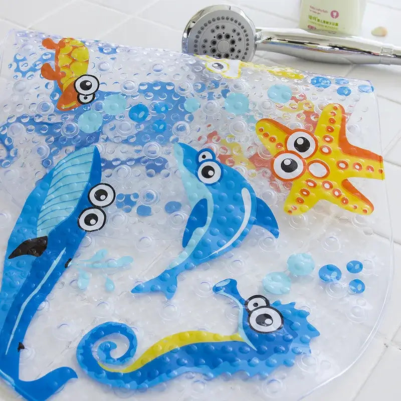 Clear plastic decorbites cartoon non-slip bathroom mat with colorful sea creatures for children