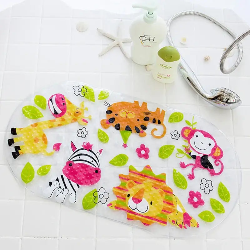 Clear plastic decorbites cartoon non-slip bathroom mat with colorful animal prints for children featuring giraffe tiger zebra monkey and lion