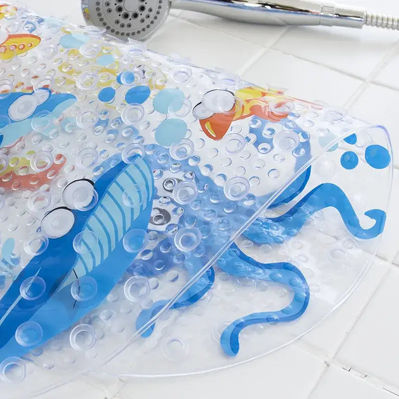 Clear plastic decorbites cartoon non-slip bathroom mat with colorful blue octopuses orange fish and bubble design