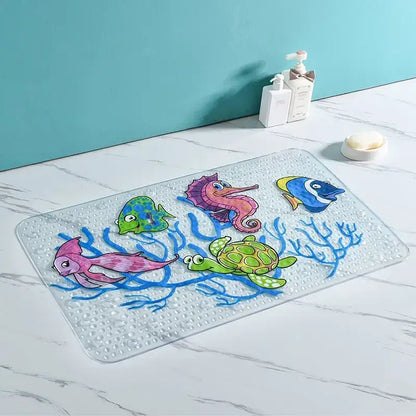 Clear plastic decorbites cartoon non-slip bathroom mat featuring colorful sea creatures for children