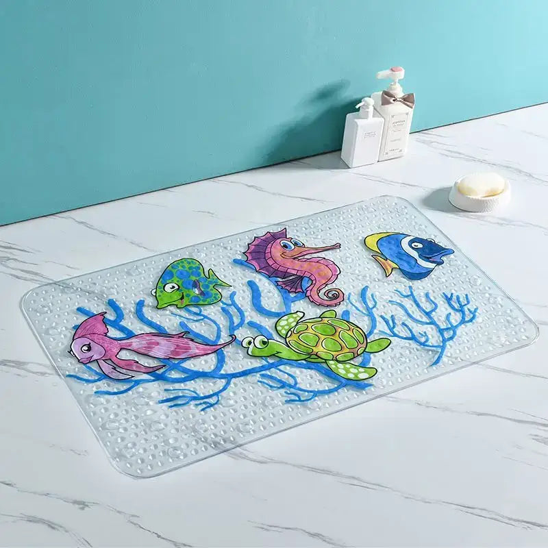 Clear plastic decorbites cartoon non-slip bathroom mat featuring colorful sea creatures for children