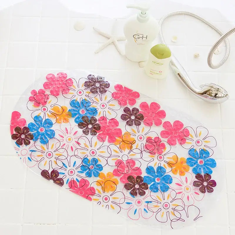 Decorbites cartoon non-slip bathroom mat with colorful pink blue and brown floral pattern for children