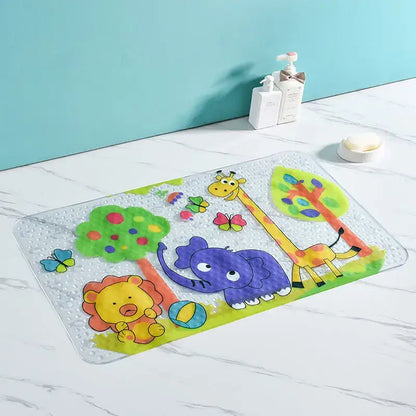 Clear transparent decorbites cartoon non-slip bathroom mat with colorful animals on green grassy background for children