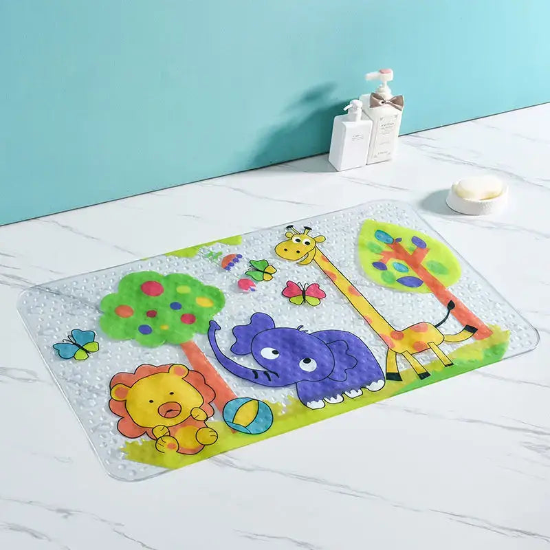 Clear transparent decorbites cartoon non-slip bathroom mat with colorful animals on green grassy background for children