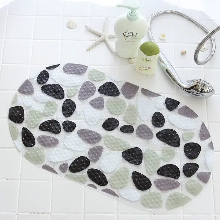 Clear pebble-patterned decorbites cartoon non-slip bathroom mat with black gray and white textured stones for children
