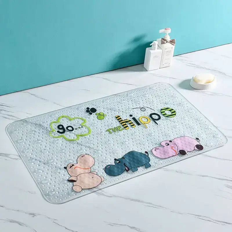 Clear textured decorbites cartoon non-slip bathroom mat featuring colorful hippos and go phrase for children