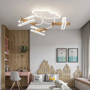 Cloud-shaped chandelier light with wooden decorbites cartoon plane fixtures and white led lighting for kids room ceiling